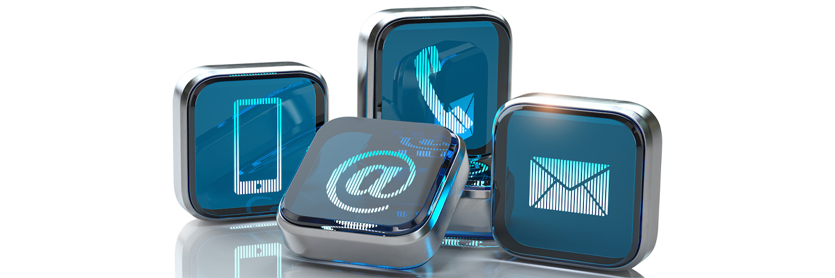 Tiles of images of a cell phone, telephone, envelope, and texting @ representing ways to contact