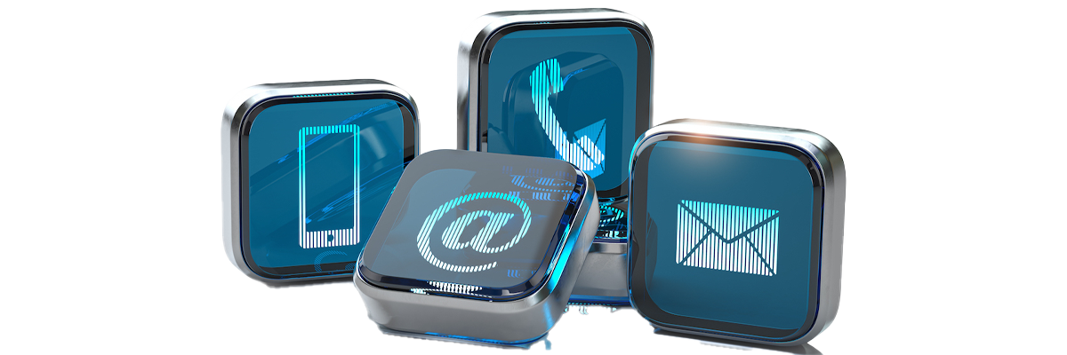 4 tile each with an icon of ways to contact us: cell phone, telephone, letter, and email