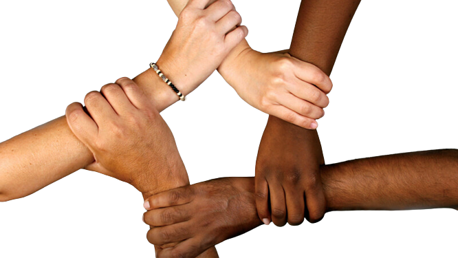 A group of people having locked their hands and arms together symibolizing a ssupport system